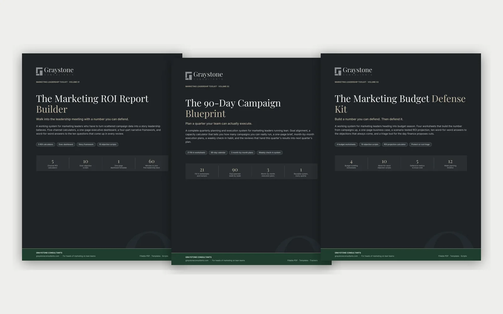 The 3 workbook covers in The Marketing Leadership Toolkit